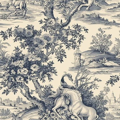 Lyon Toile Linen Curtain Fabric - Navy