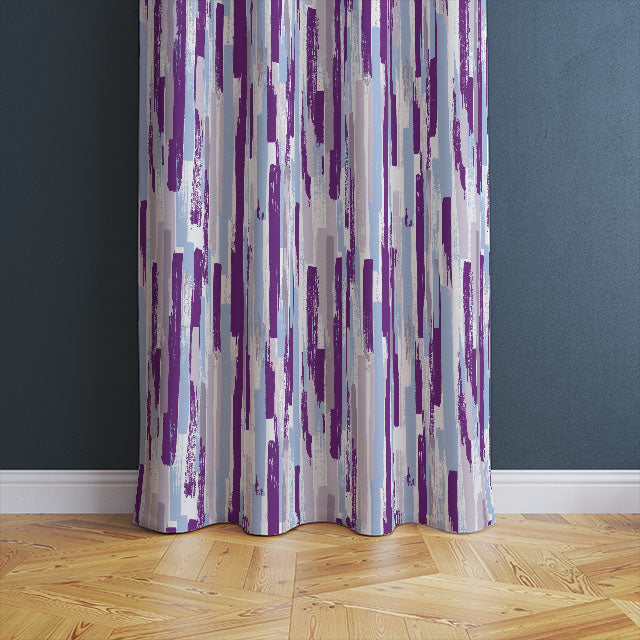  Interior design scene with floor-to-ceiling curtains made of high-quality Modernism Cotton Fabric in a deep, regal purple hue