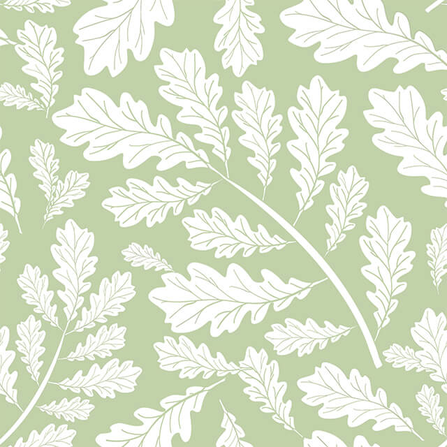Close up of Oak Leaf Cotton Curtain Fabric in Sage Green, showing intricate leaf pattern and soft texture