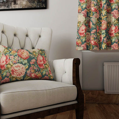 Elegant and detailed linen curtain fabric in pink and green botanical design