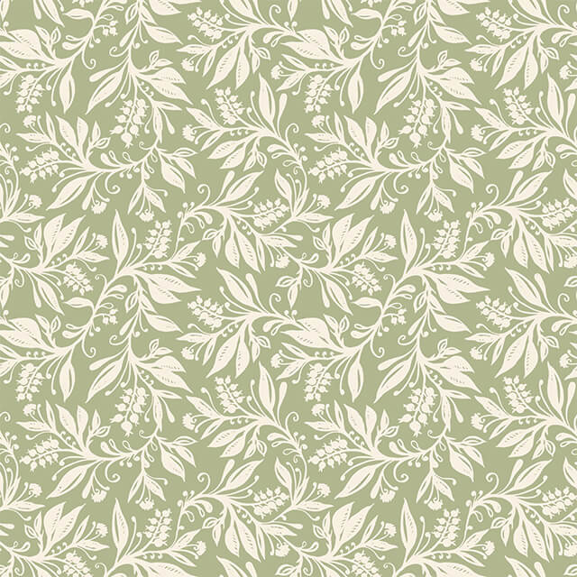 Flat lay of Oxford Leaf Green fabric showing repeating white leaf motif on sage background