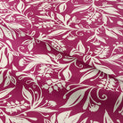 Oxford Leaf Wine curtain fabric showing full repeat of stylised cream leaf design on deep wine-coloured background