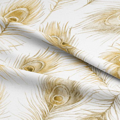 Luxurious peacock feather cotton curtain fabric in warm amber hues