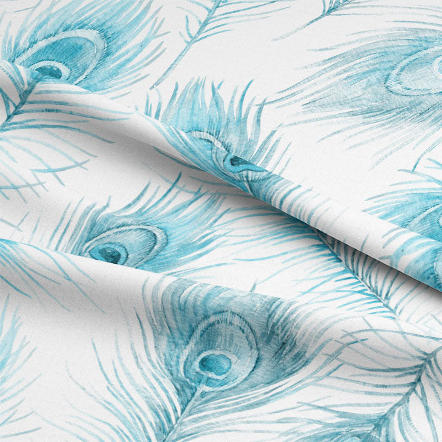 Peacock Feather Cotton Curtain Fabric - Azure