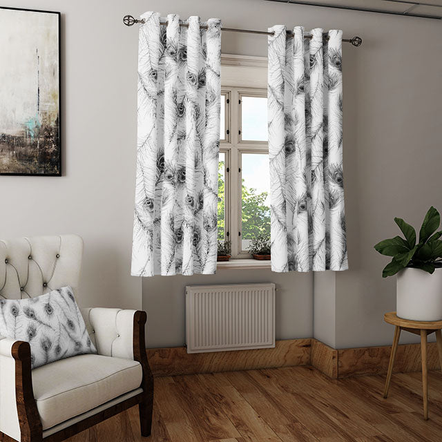 Charcoal-colored curtain fabric with stunning peacock feather design
