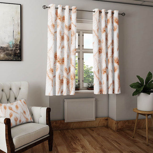Peacock Feather Cotton Curtain Fabric - Henna