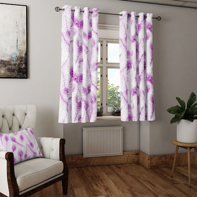 Elegant and unique peacock feather cotton curtain fabric in rich magenta hue