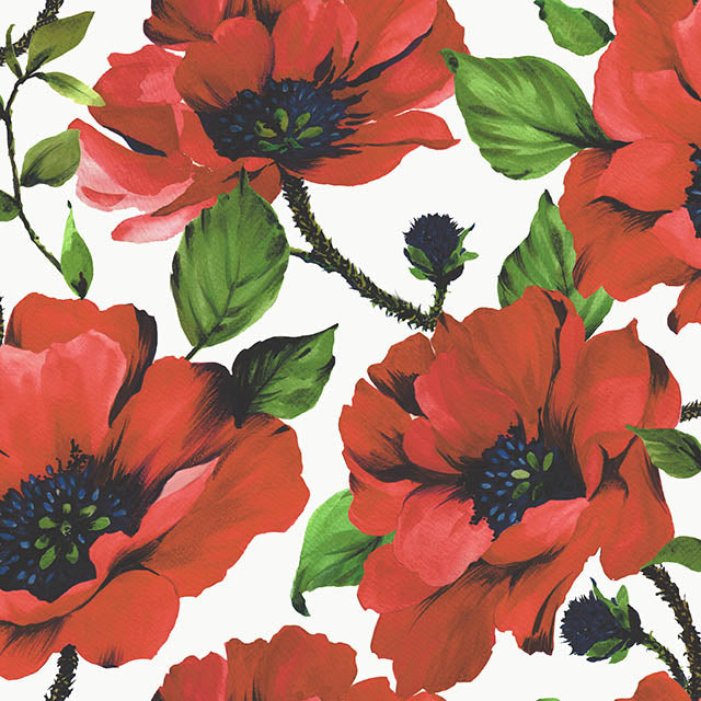 Poppy Field Cotton Curtain Fabric - Red