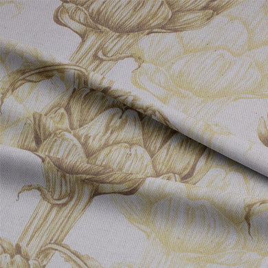 Close-up of Protea Linen Curtain Fabric - Ochre, showcasing its natural texture and color