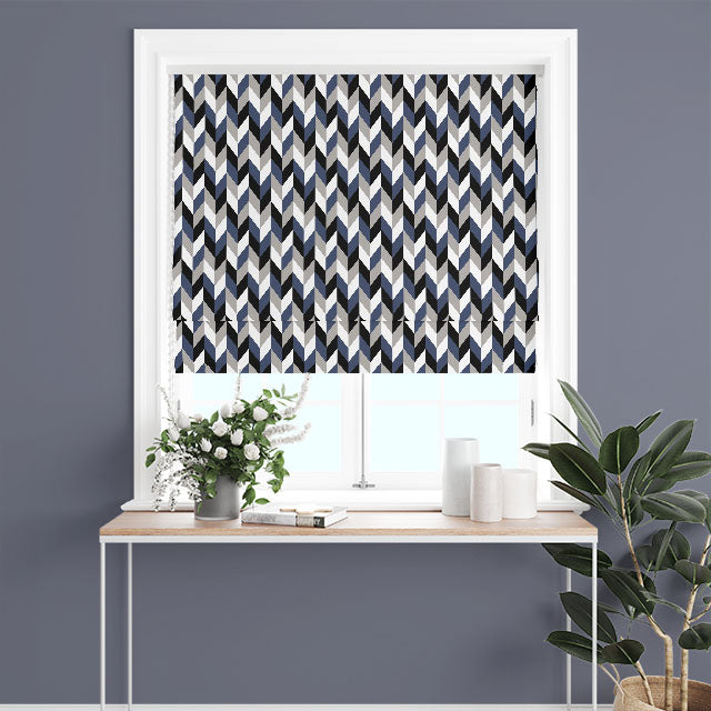 Retro Chevrons Cotton Curtain Fabric - Navy