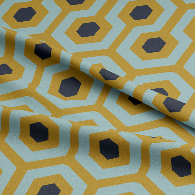 Retro Hexagon Cotton Curtain Fabric - Ochre