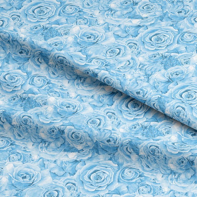 Close up of the luxurious Roses Bouquet Cotton Curtain Fabric - Blue with intricate floral design