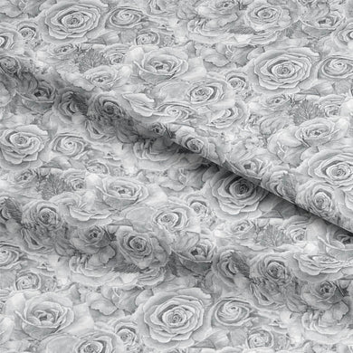 Beautiful grey curtain fabric featuring a romantic roses bouquet pattern