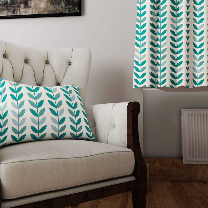 Teal Cotton Fabric for Curtains featuring Scandinavian Stem Motif in Blue