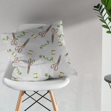 Scissors & Thread Cotton Curtain Fabric - Grey