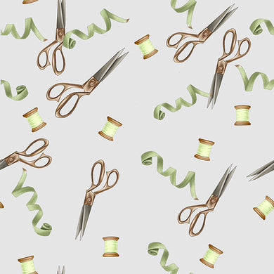 Scissors & Thread Cotton Curtain Fabric - Grey