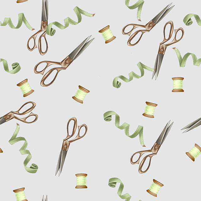 Scissors & Thread Cotton Curtain Fabric - Grey