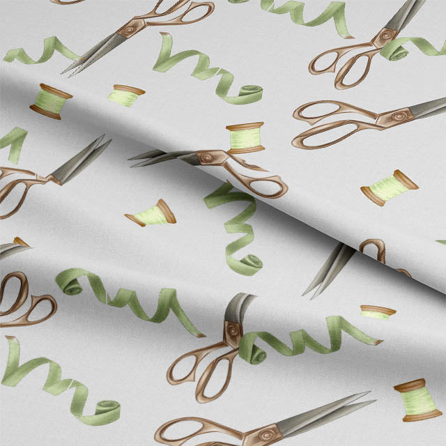 Scissors & Thread Cotton Curtain Fabric - Grey