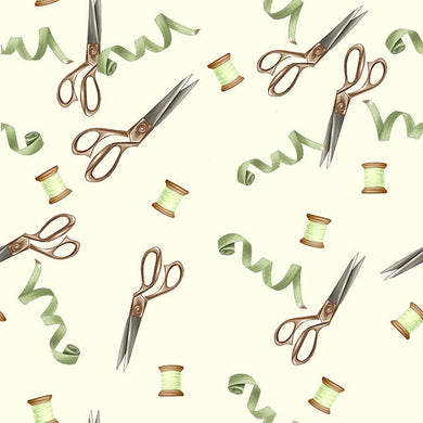 Scissors & Thread Cotton Fabric Sample - Ivory