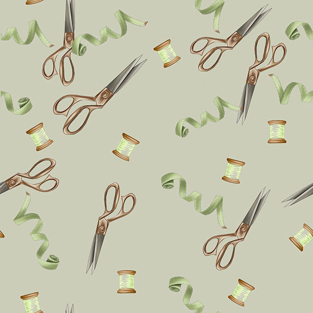 Scissors & Thread Cotton Curtain Fabric - Sage 