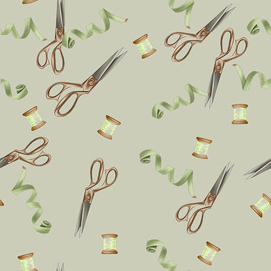 Scissors & Thread Cotton Fabric Sample - Sage
