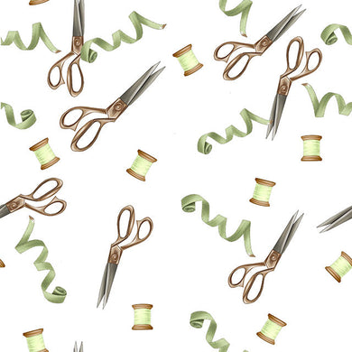 Scissors & Thread Cotton Fabric Sample - White