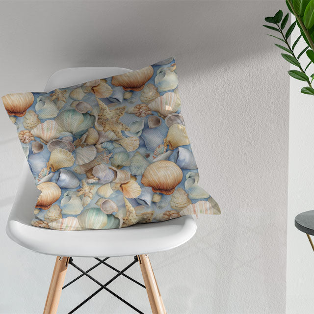 Beautiful Seashells Cotton Curtain Fabric - Blue for Coastal Home Decor