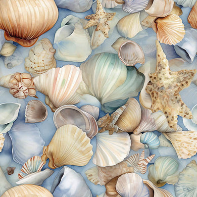 Seashells Cotton Curtain Fabric Sample - Blue