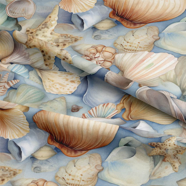 Seashells Cotton Curtain Fabric - Blue