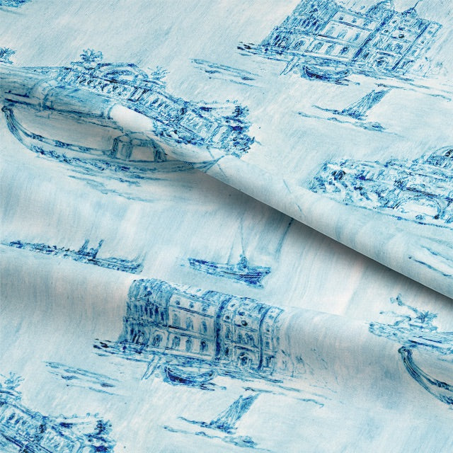Siene Toile Cotton Curtain Fabric in Azure color, perfect for home decor 