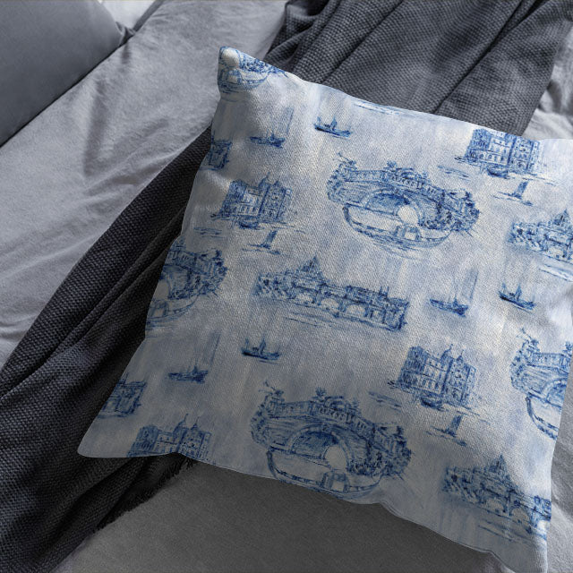 Siene Toile Cotton Curtain Fabric - Blue