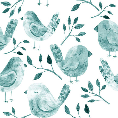 Sleeping Birds Cotton Fabric Sample - Aqua