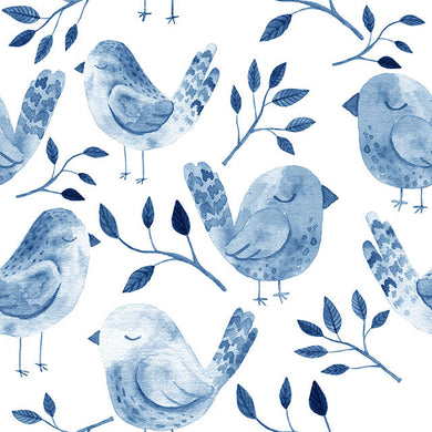 Sleeping Birds Cotton Curtain Fabric in Blue with Beautiful Avian Design