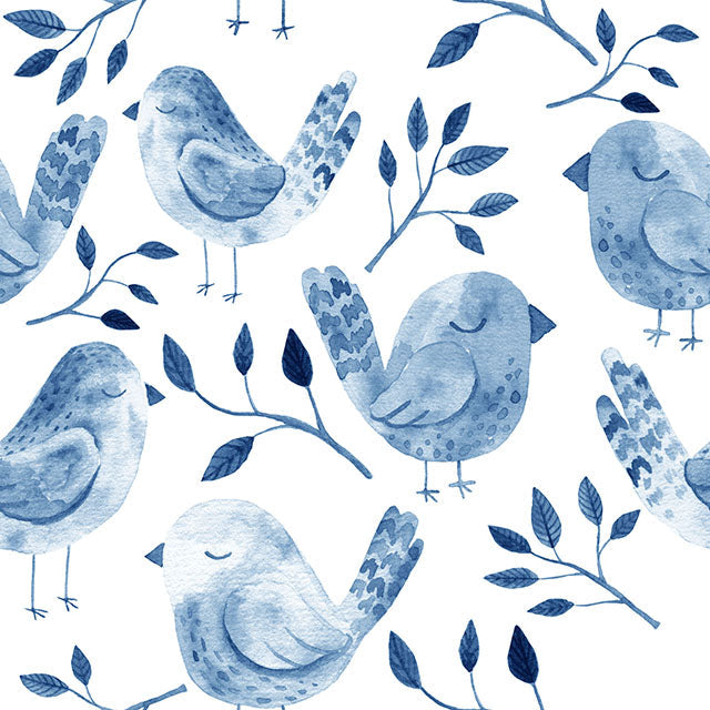 Sleeping Birds Cotton Curtain Fabric - Blue