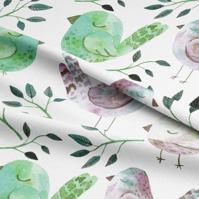 Beautiful emerald green cotton curtain fabric with adorable sleeping birds pattern