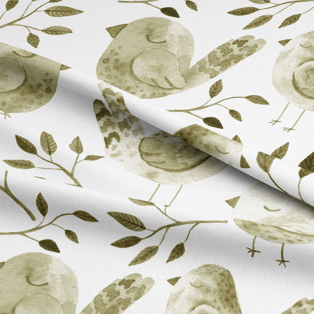 Beautiful cotton fabric featuring a charming design of sleeping birds on branches