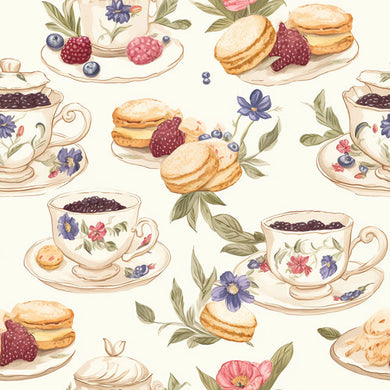 Tea & Scones Cotton Curtain Fabric - Vanilla pattern draping on window