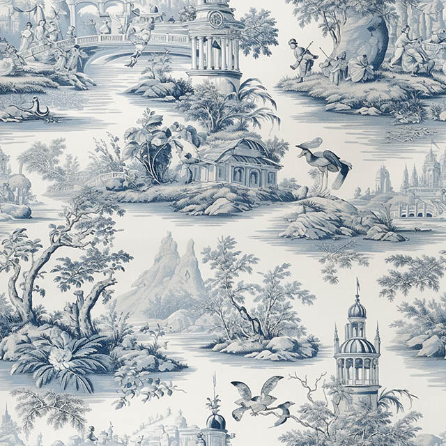 Troyes Toile Linen Curtain Fabric - Blue