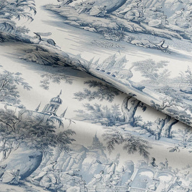 Close-up of Troyes Toile Linen Curtain Fabric in Blue, showcasing its intricate pattern and texture