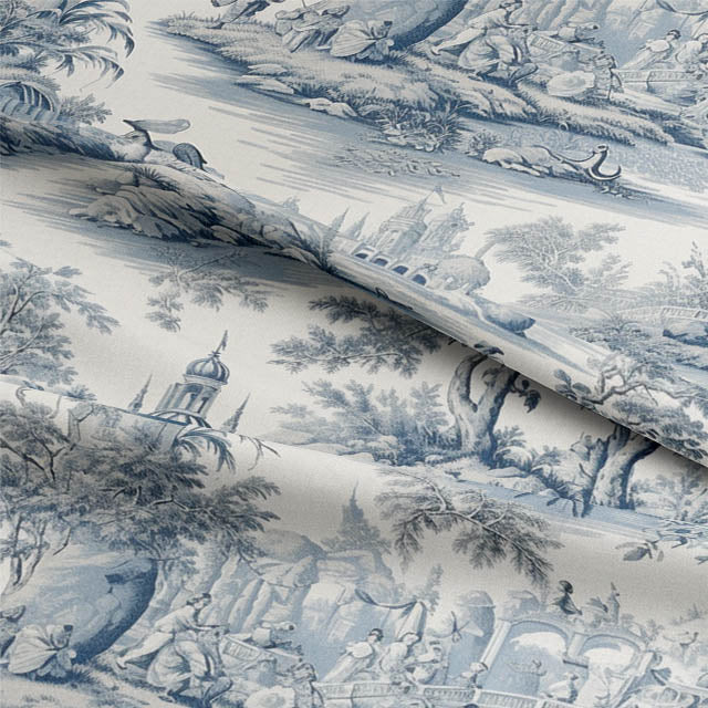 Troyes Toile Linen Curtain Fabric - Blue
