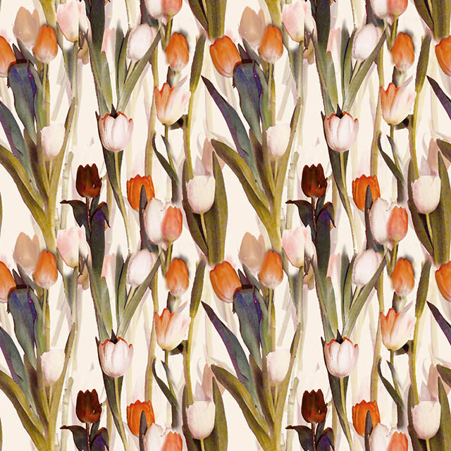 Tulips Linen Curtain Fabric in Orange with Floral Pattern and Textured Finish