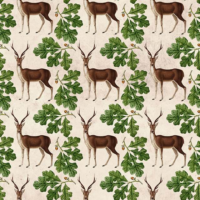 Vintage deer cotton curtain fabric in green with intricate design and texture