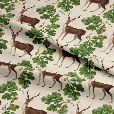 Green deer patterned curtain fabric with a vintage and rustic feel