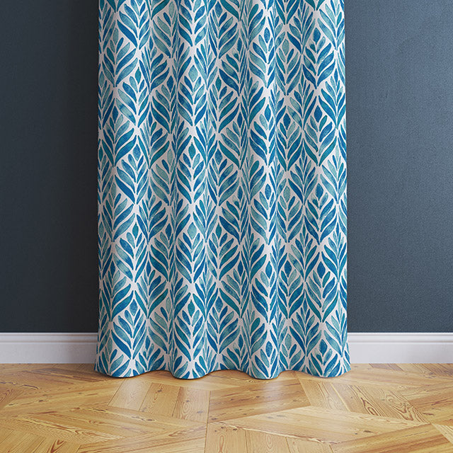 Watercolour Leaves Cotton Curtain Fabric - Azure