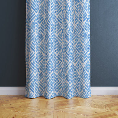 Watercolour Leaves Cotton Curtain Fabric - Blue