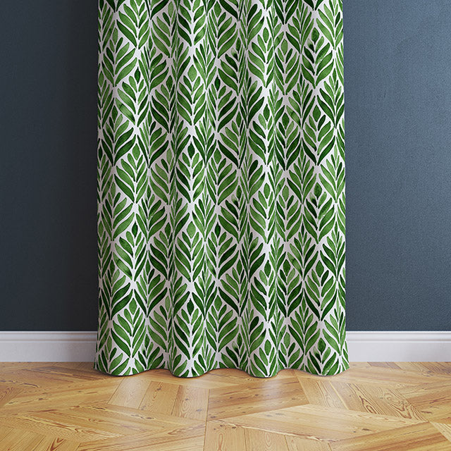 Watercolour Leaves Cotton Curtain Fabric - Bottle Green