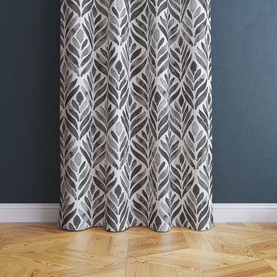 Watercolour Leaves Cotton Curtain Fabric - Charcoal