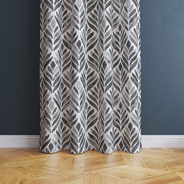Watercolour Leaves Cotton Curtain Fabric - Charcoal