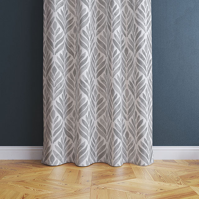 Watercolour Leaves Cotton Curtain Fabric - Dove Grey