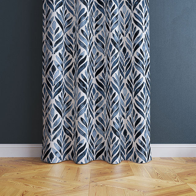 Watercolour Leaves Cotton Curtain Fabric - Indigo Blue